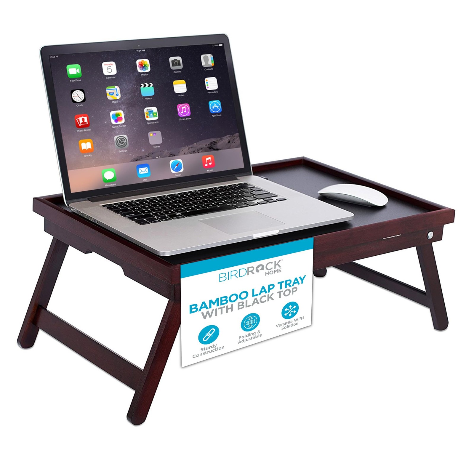 BIRDROCK HOME Bamboo Lap Tray with Black Top - Adjustable Laptop Desk - Folda...
