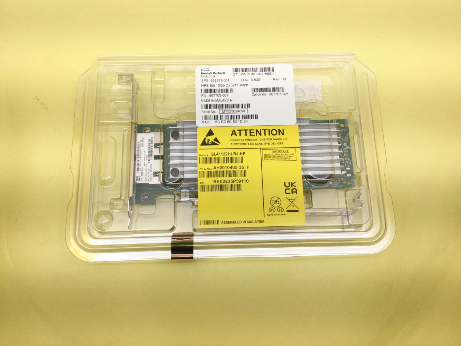 867707-B21 HPE ETHERNET 10GB 2-PORT 521T ADAPTER 869573-001 867705-001 NEW