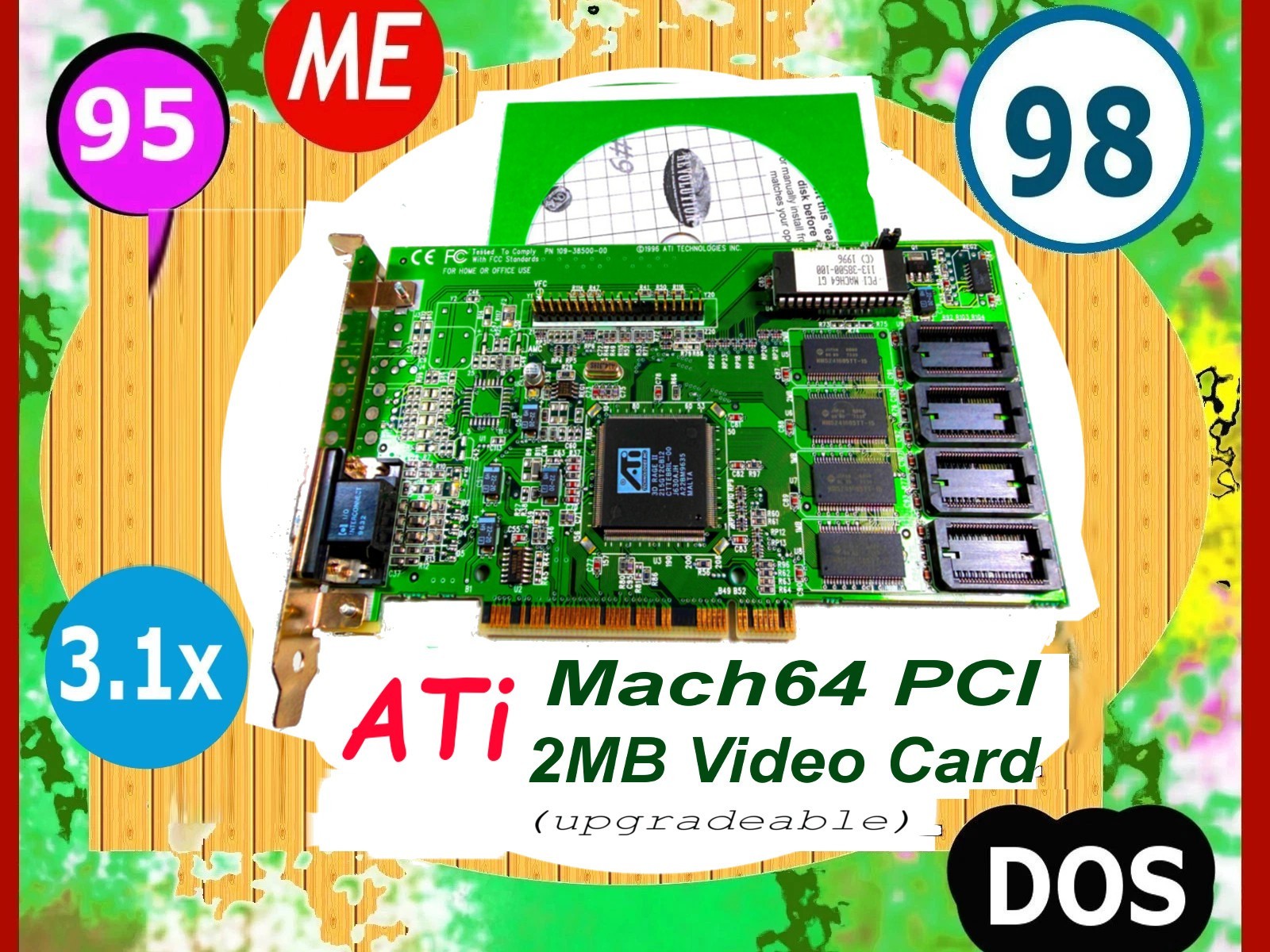 RETRO DOS✔️2MB expandable Windows 3.1x✔️98 PCI video card✔️ATI Mach64✔️1996 RARE