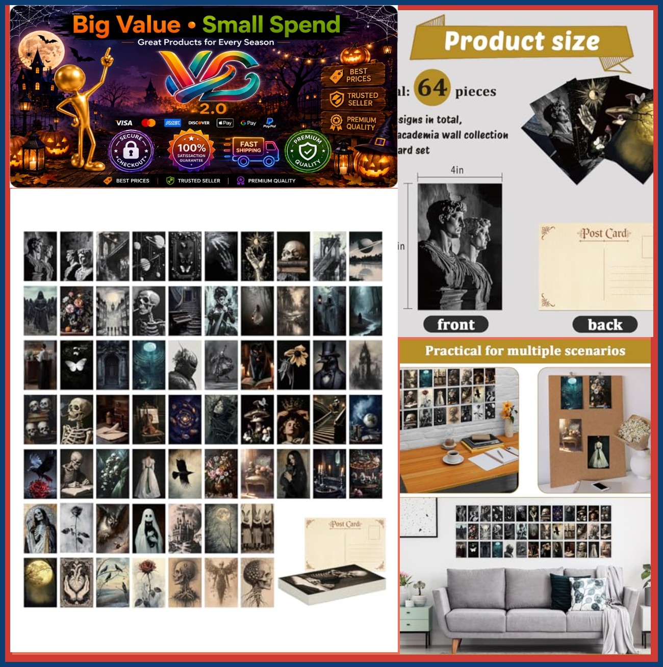 64 Pcs Gothic Postcards 4x6 Inch 350gsm Matte Double Sided Dark Academia Wall