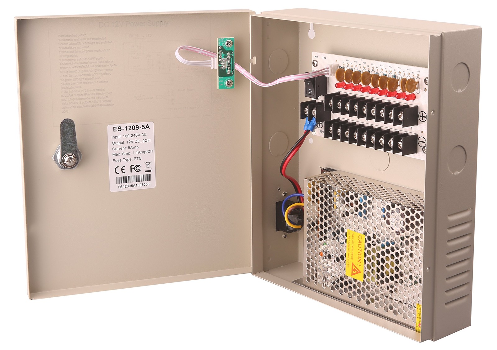 9 Channel Dc12v 5 Amp Ptc Fuse Cctv Power Supply With Metal Box Ac Plug And Lock