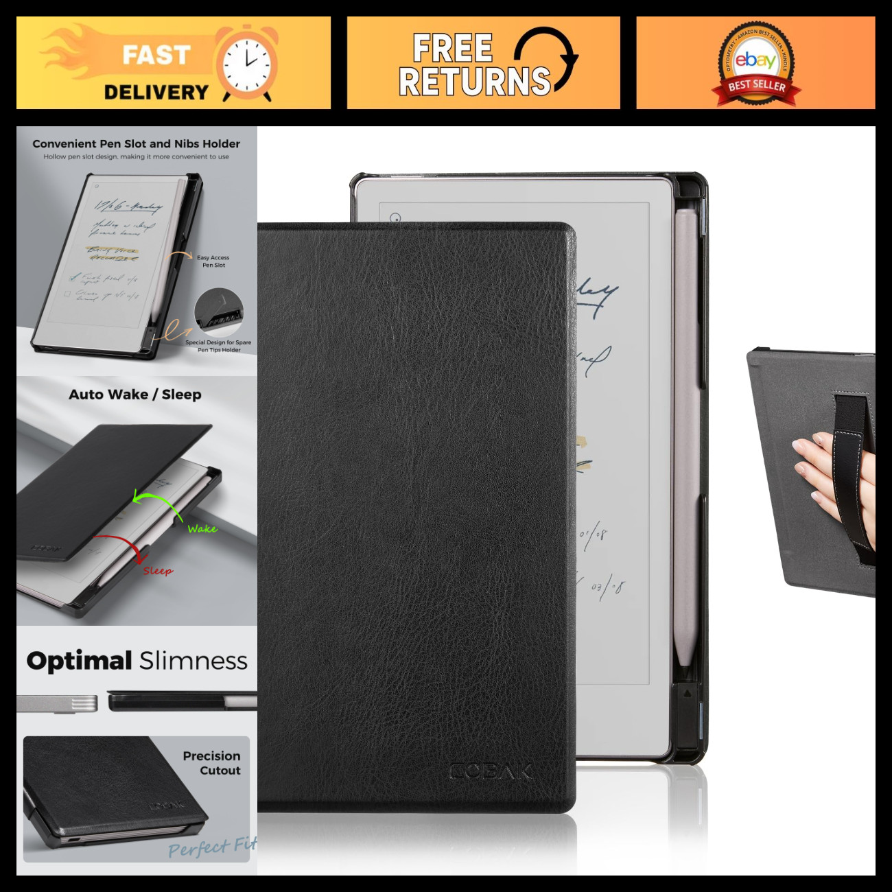 Lightweight Protective Case with Hand Strap for 7.3" Remarkable Paper Pro - Auto