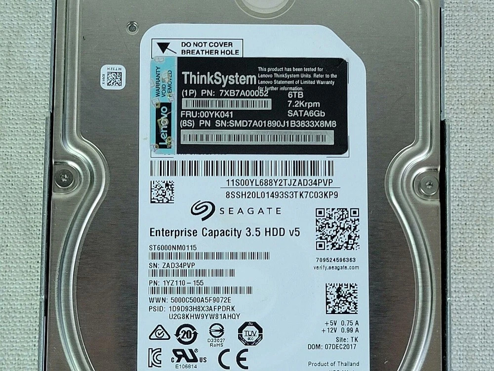NEW Lenovo ThinkSystem 00YK041 7XB7A00052 6TB 7.2K SATA 6G 3.5" HDD Hard Drive