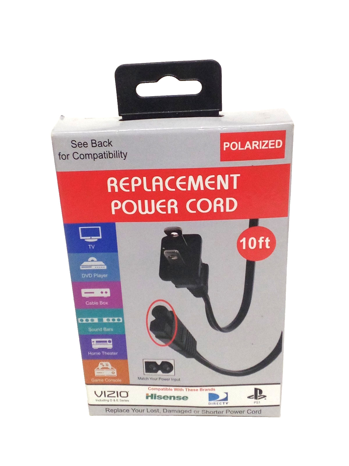 10ft Polarized Replacement Power Cord for TV, Speakers, Gaming Systems, Printers