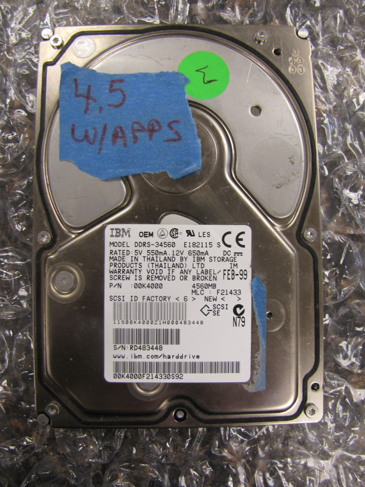 Vintage IBM SCSI DDRS-34560 4.5GB 68pin 00K4000 Hard Drive -TESTED & WORKS- NM27