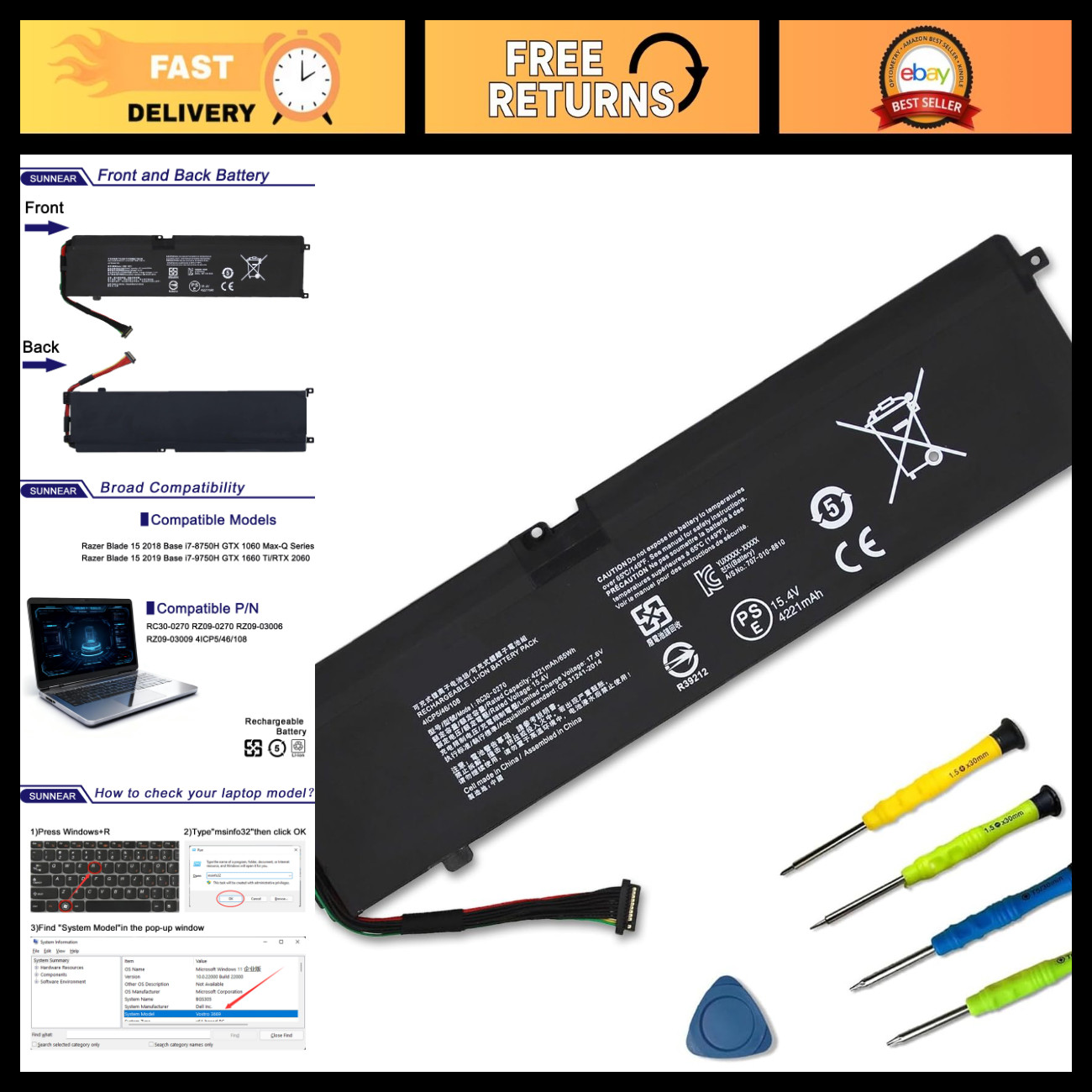 High-Capacity Replacement Battery for Razer Blade 15 Base 2018 2019 RTX Gaming L