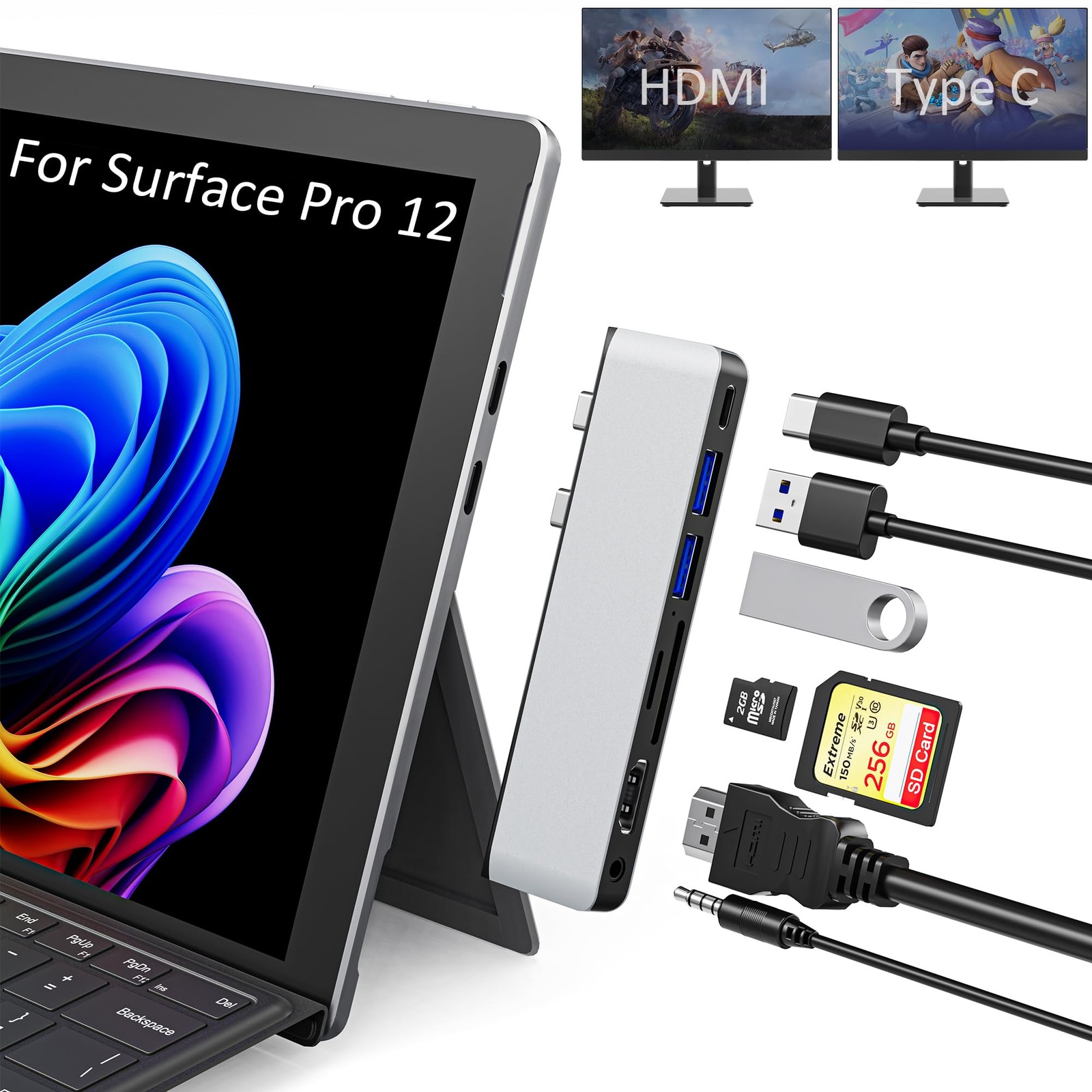 Surface Pro 12 Docking Station, Surface Pro 12 Accessories with 4K HDMI, Thun...