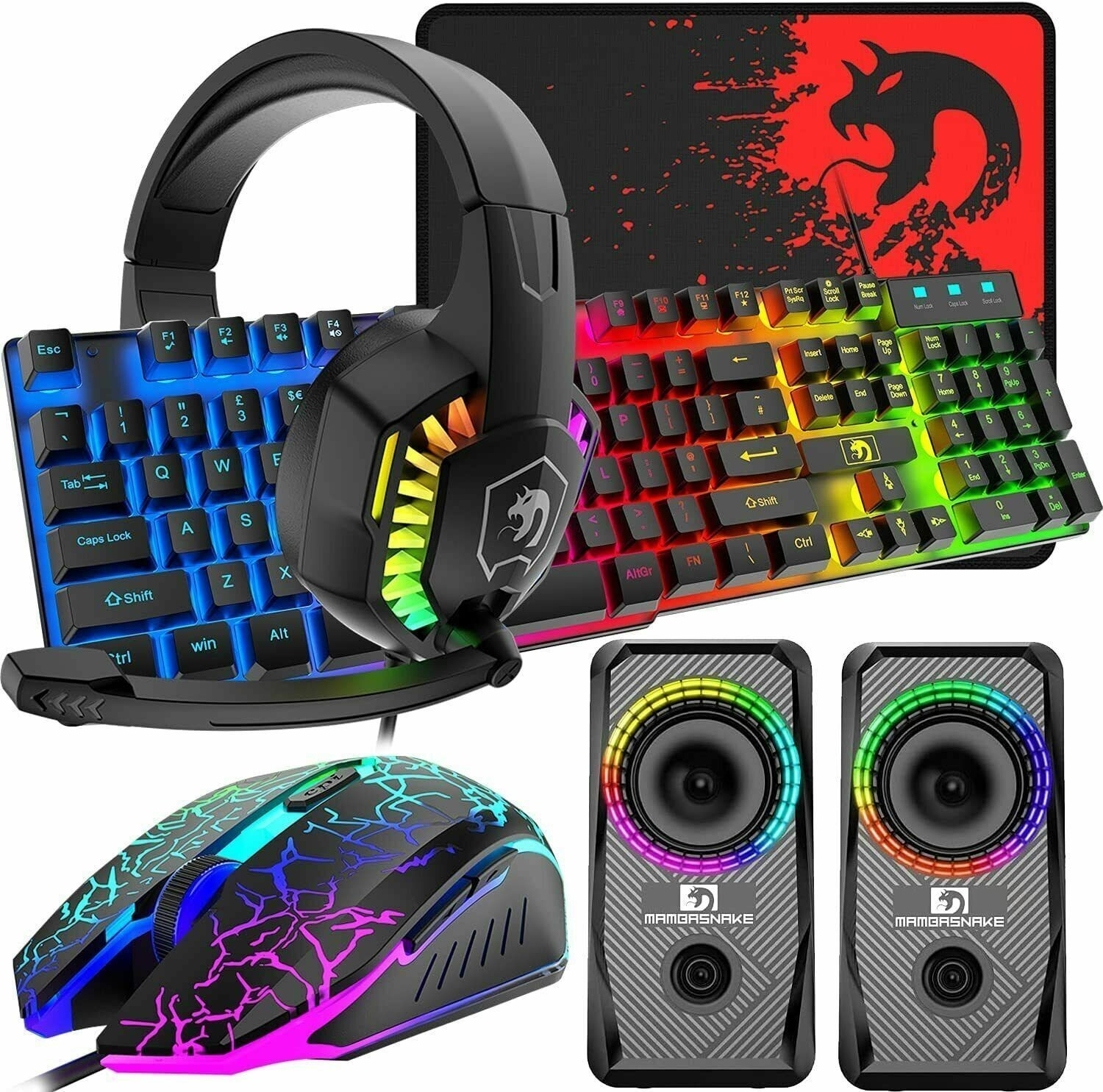 5-IN-1 Wired Rainbow Backlit Keyboard and Mouse,Headphone with Mic,Pad, Speaker
