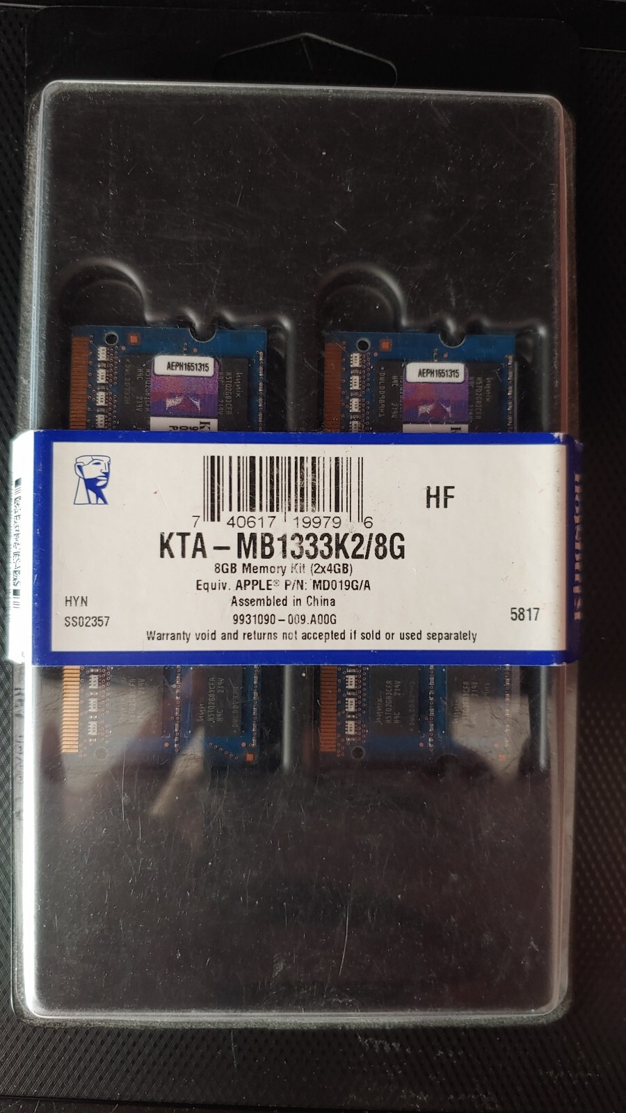 Kingston 2x 4GB DDR3 sodimm KTA-MB1333K2/8G   Apple P/N  MD019G/A.