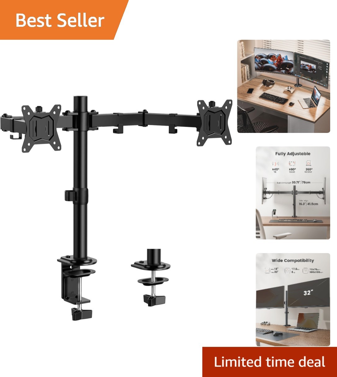 Dual Monitor Mount, Fully Adjustable for 13-32" Displays, Easy Install