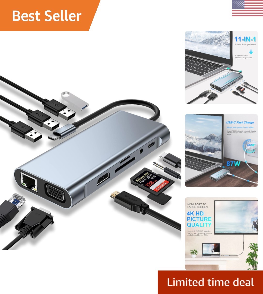 Compact 11-in-1 USB C HUB: Plug & Play Hub with Dual-Core Fast Charge Support