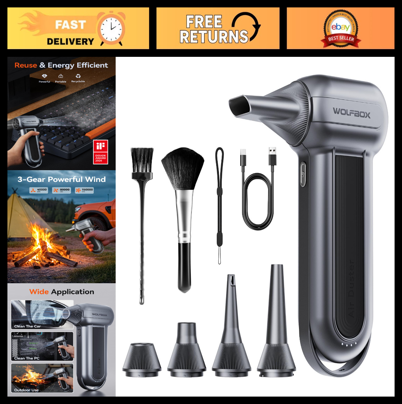 150,000RPM Cordless Electric Air Duster - Rechargeable, 3-Gear Adjustable Blower