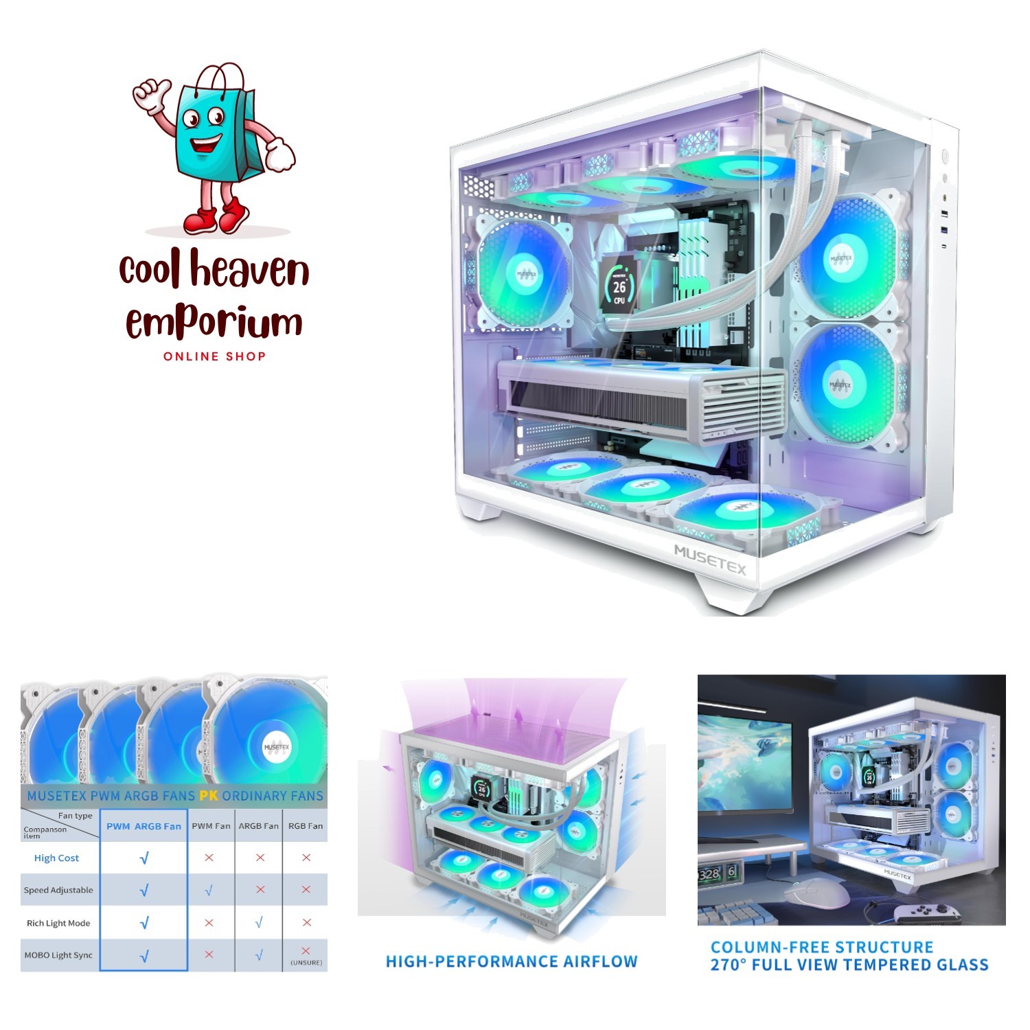 ARGB Gaming PC Case Y6 - White Mid Tower with 6 Pre-Installed Fans & Type-C