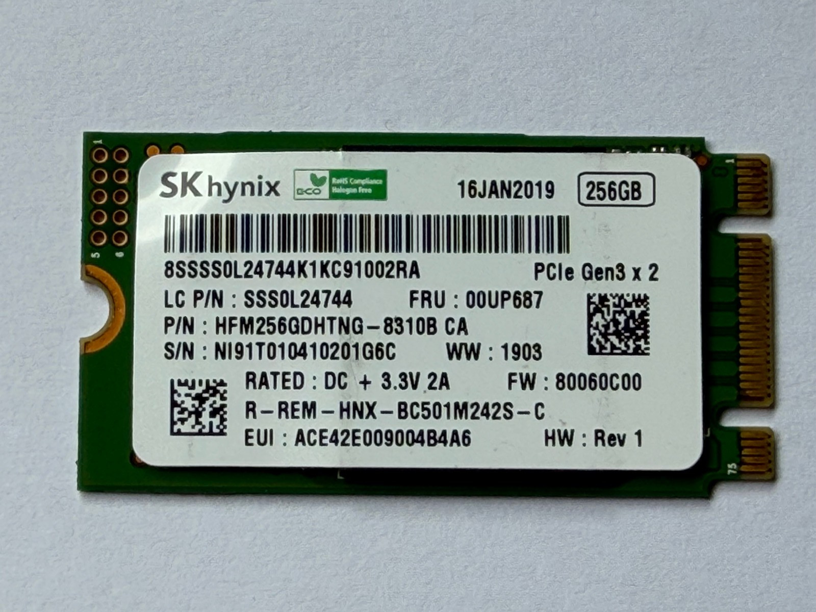 256GB SKhynix HFM256GDHTNG-8310A SSD MVMe PCIe Gen3x2 M.2 2242 SSD For T480