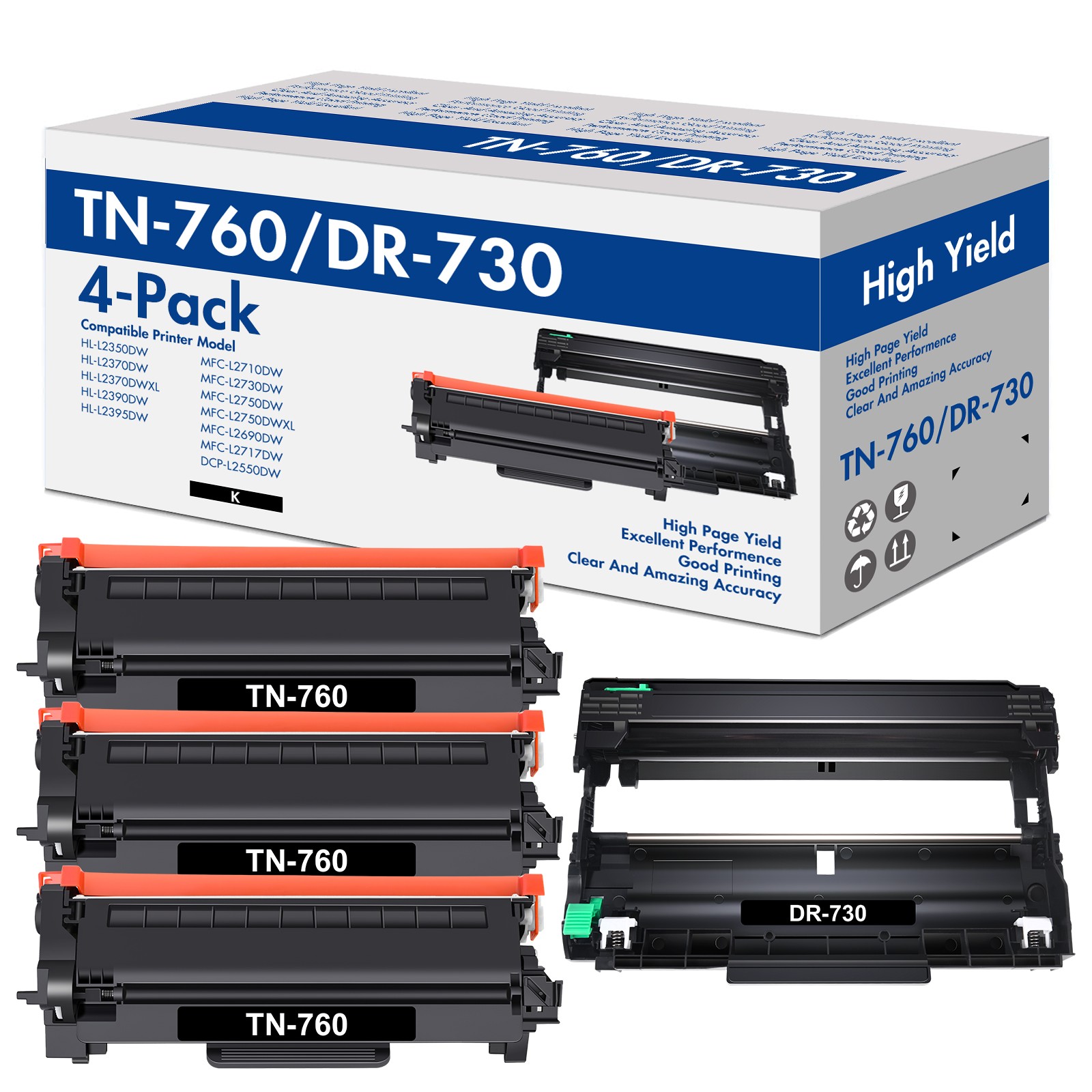 3PK TN760 Toner+1PK DR730 Drum Unit for Brother MFC-L2710DW HL-L2395DW Printer
