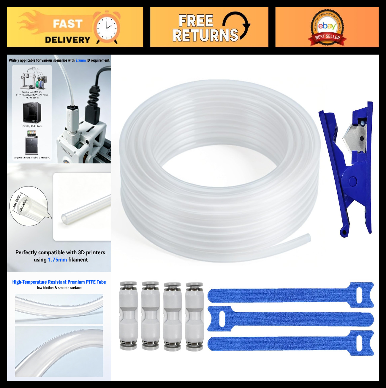 PTFE Tube Kit 2.5mm ID x 4mm OD 10M for 3D Printers, Compatible with AMS X1/P1P/