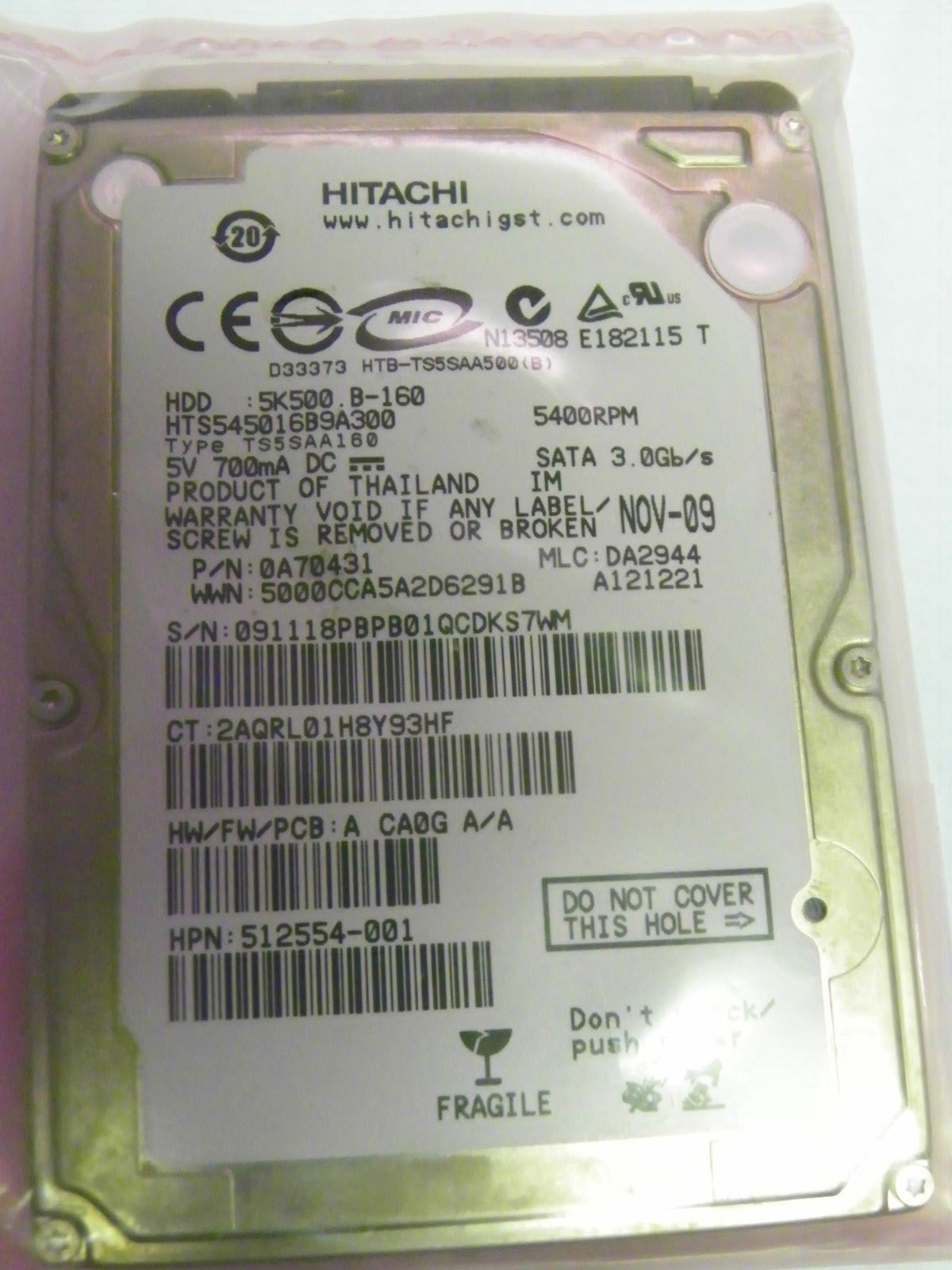 Hitachi HTS545016B9A300 P/N: 0A70431 MLC:DA2944 FW: A CA0G A/A 160GB 2.5" SATA 