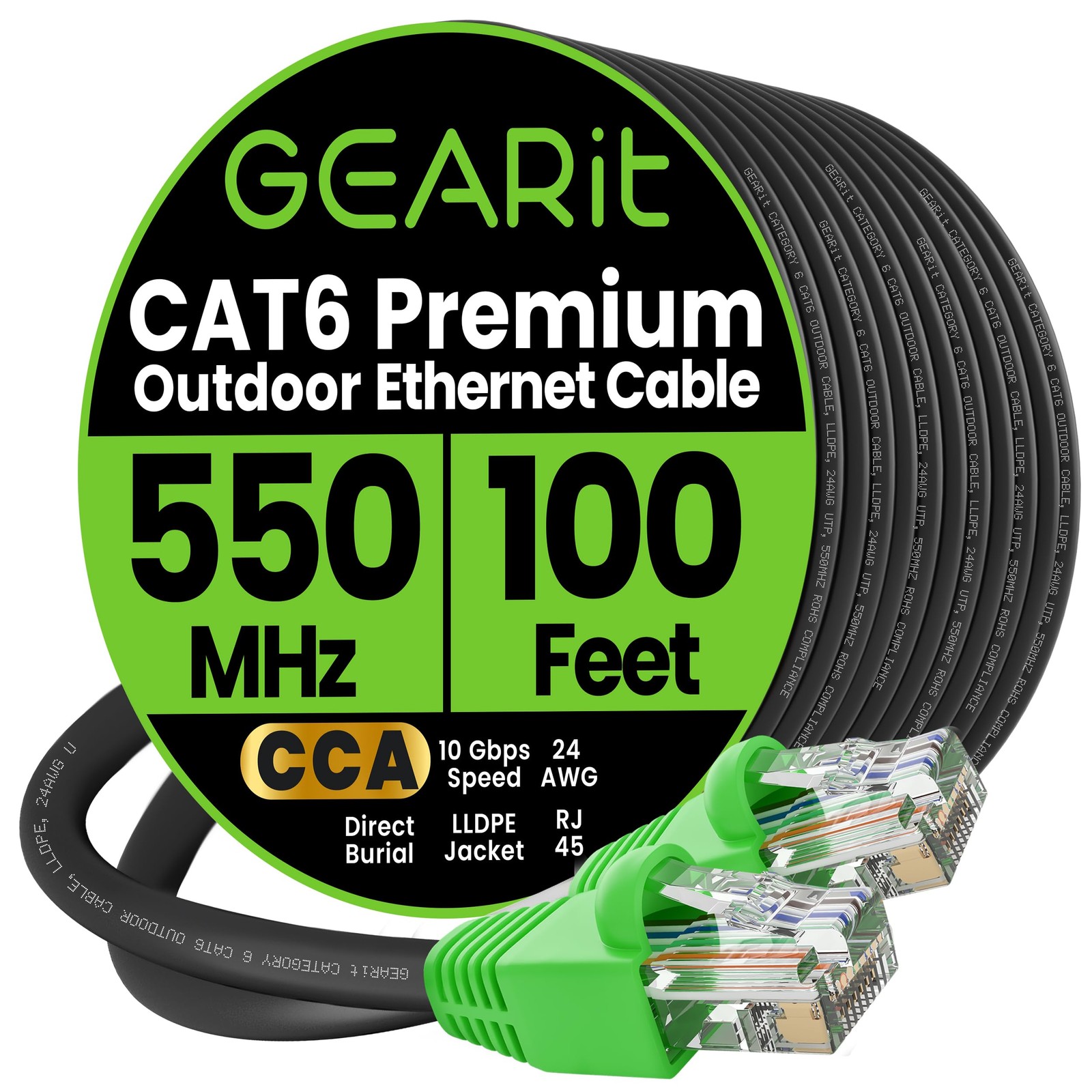 GEARit Cat6 Ethernet Cable 100ft, Direct Burial Outdoor Cat 6 100 Feet, Black 