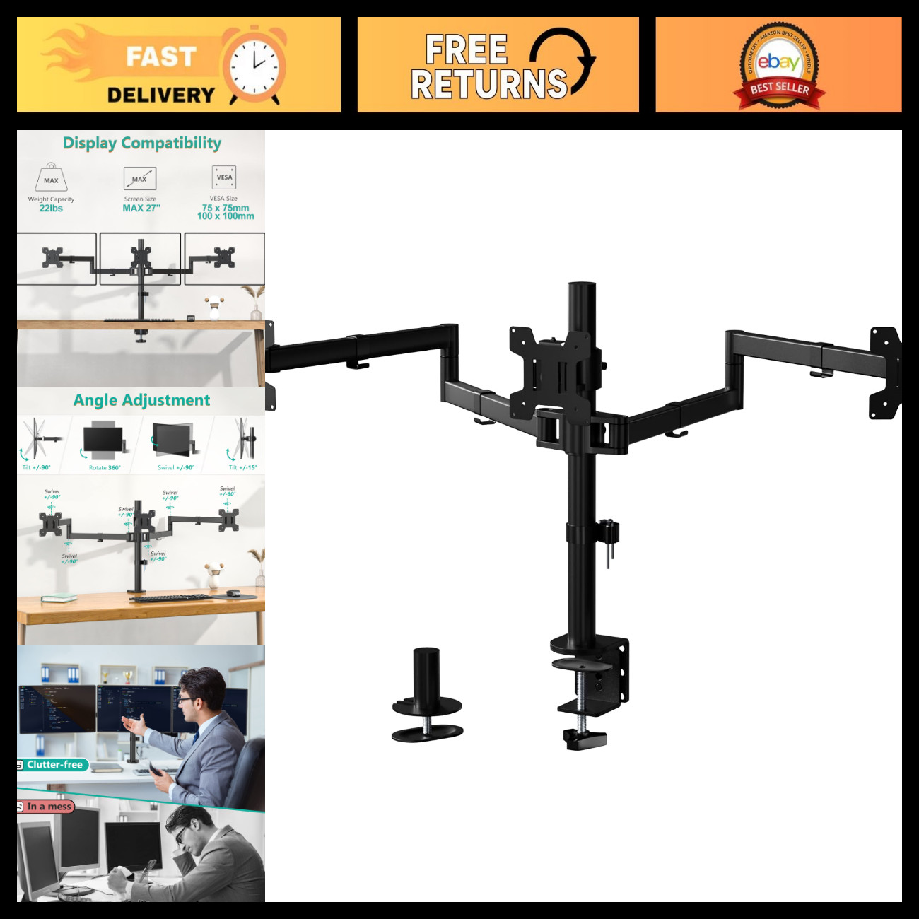 Adjustable Triple Monitor Mount for 13-27" Screens, 22 lbs Capacity, Ergonomic D