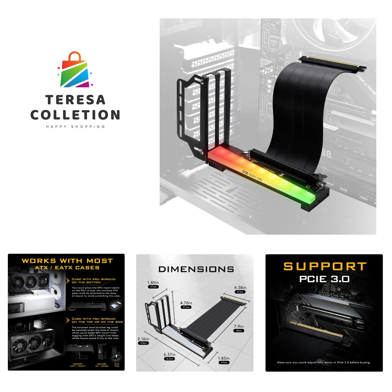 Compact Vertical GPU Support with ARGB Effects & Enhanced Cooling Design - Black