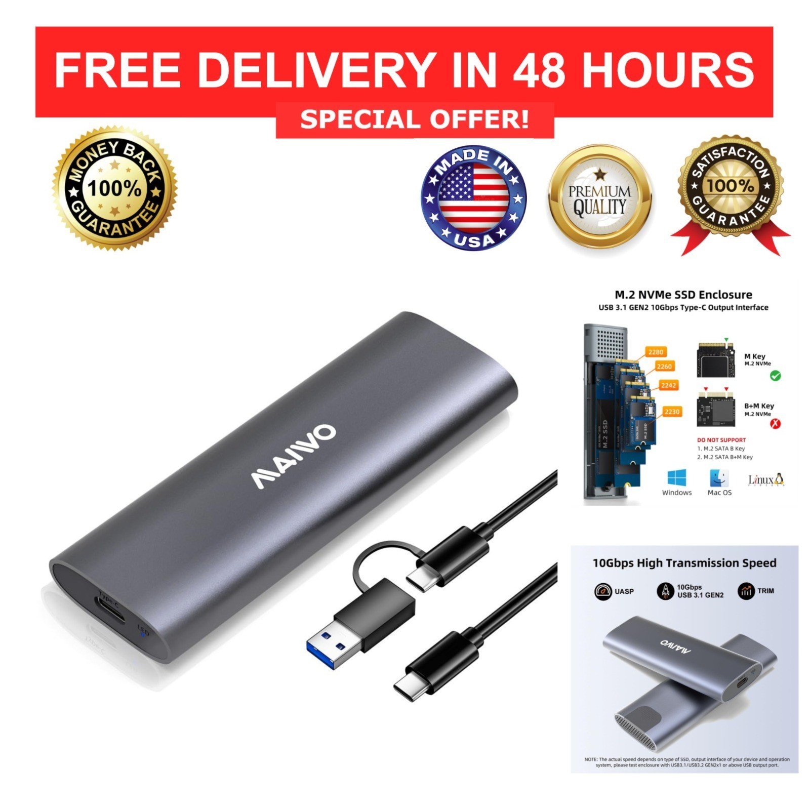 M.2 NVMe SSD Enclosure USB 3.1 Gen2 10Gbps Tool-Free Aluminum Case UASP TRIM