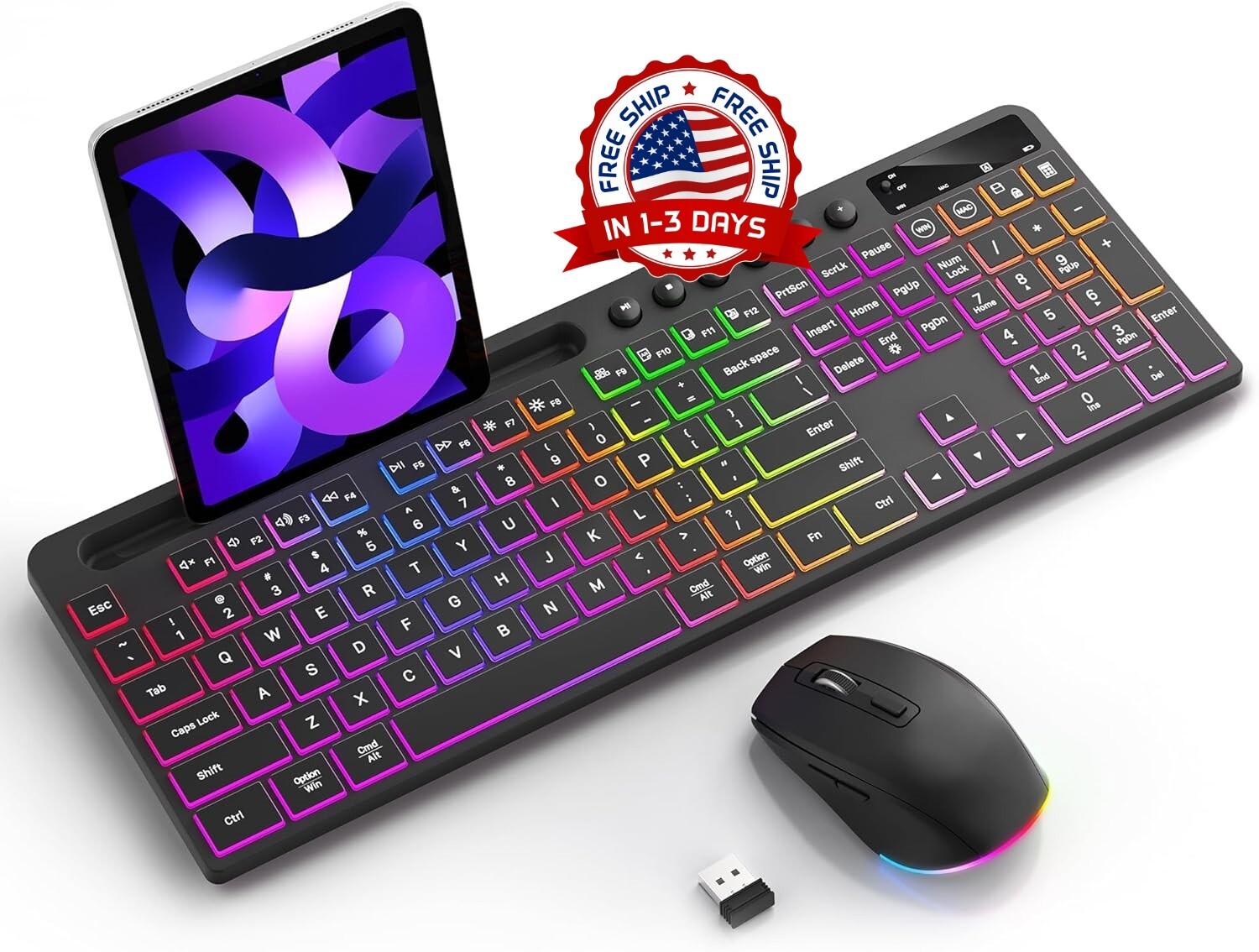 Teclado ergonómico de tamaño completo con soporte para teléfono y tableta US NEW