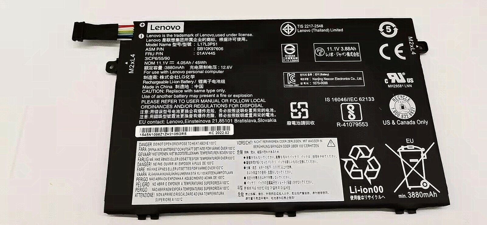 Original Battery L17M3P51 L17M3P52 for Lenovo ThinkPad E480 E485 E580 E490 E590 New