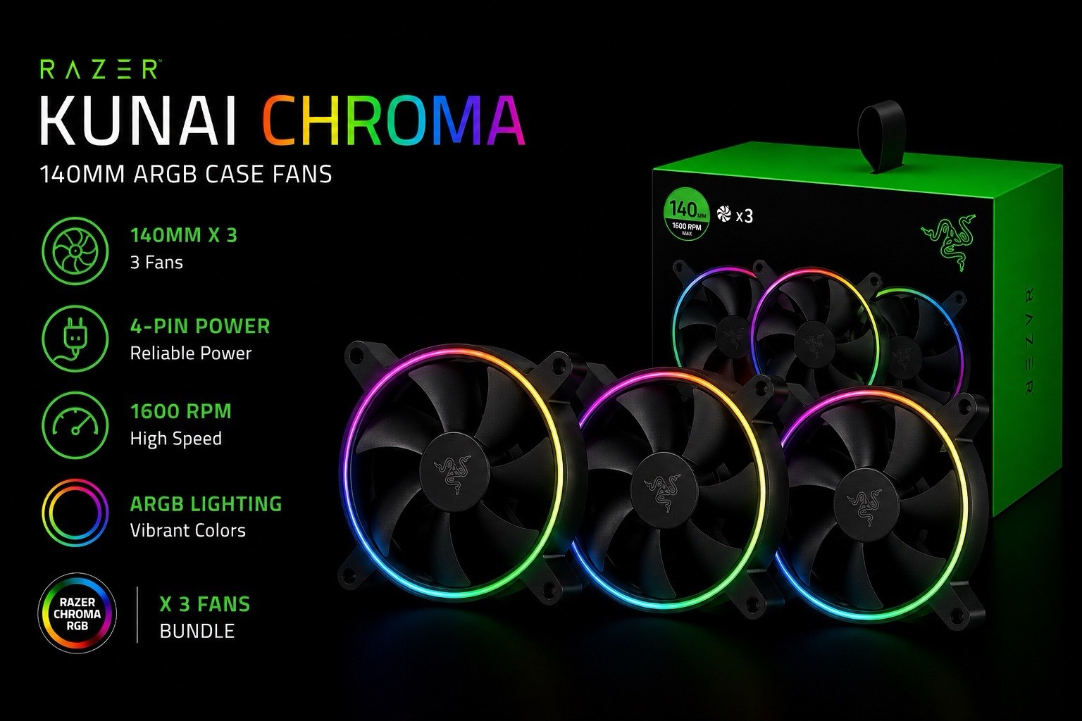 🔥 Razer Kunai 140mm ARGB Chroma Fans (3 fans) | Fast Ship | US Seller 🔥