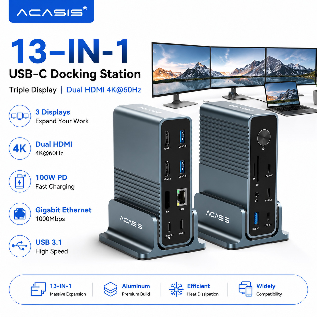 ACASIS USB-C Docking Station 3 monitors | Dual HDMI 4K@60Hz & Gigabit Ethernet