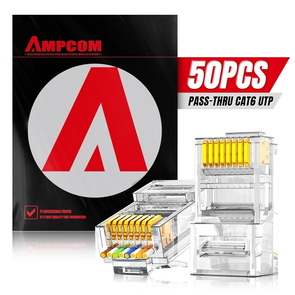 50x AMPCOM CAT6 Pass Through RJ45 Connectors UTP 8P8C Ethernet Plugs