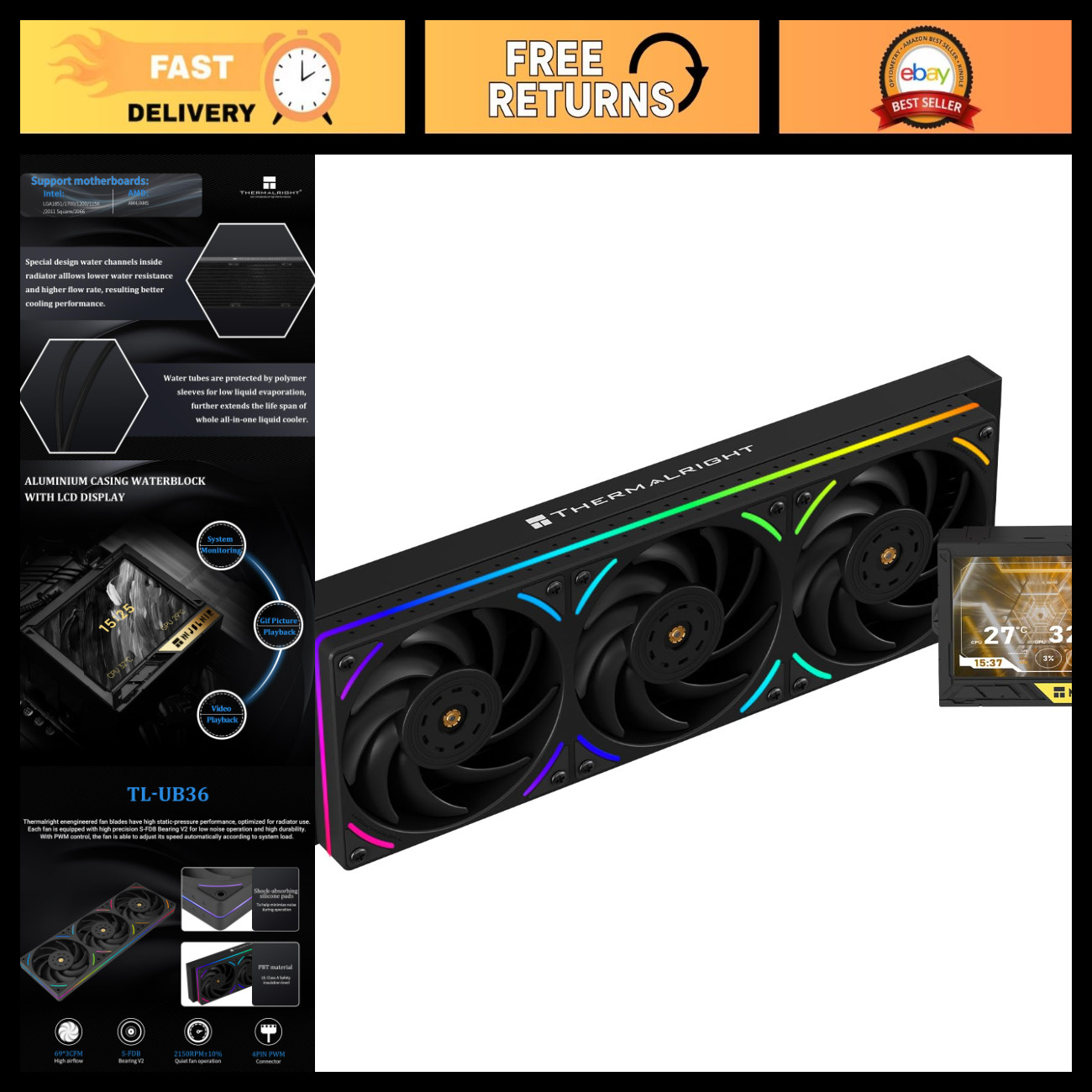 High-Performance 360mm ARGB CPU AIO Cooler, 3.5" LCD, Water Cooling for AM4/AM5