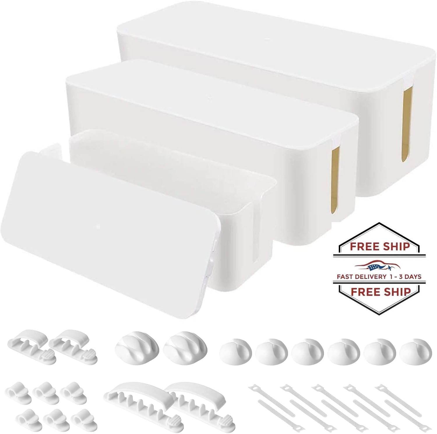 Juego de tres cajas organizadoras de cables, con cubierta para cables (blanco)