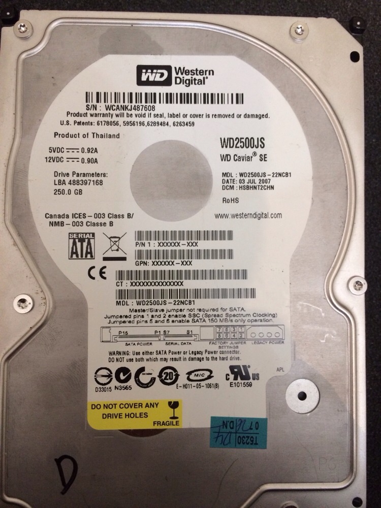 Western Digital 250GB WD2500JS-22NCB1,  HSBHNT2CHN, SATA 3.5 Hard Drive Donor