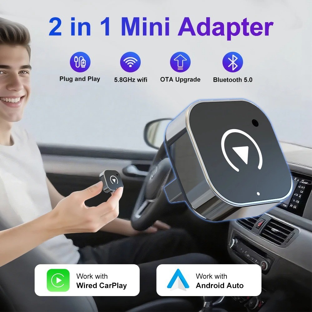 2026 2-in-1 Wireless CarPlay & Android Auto Adapter – Wired to Wireless Dongle,