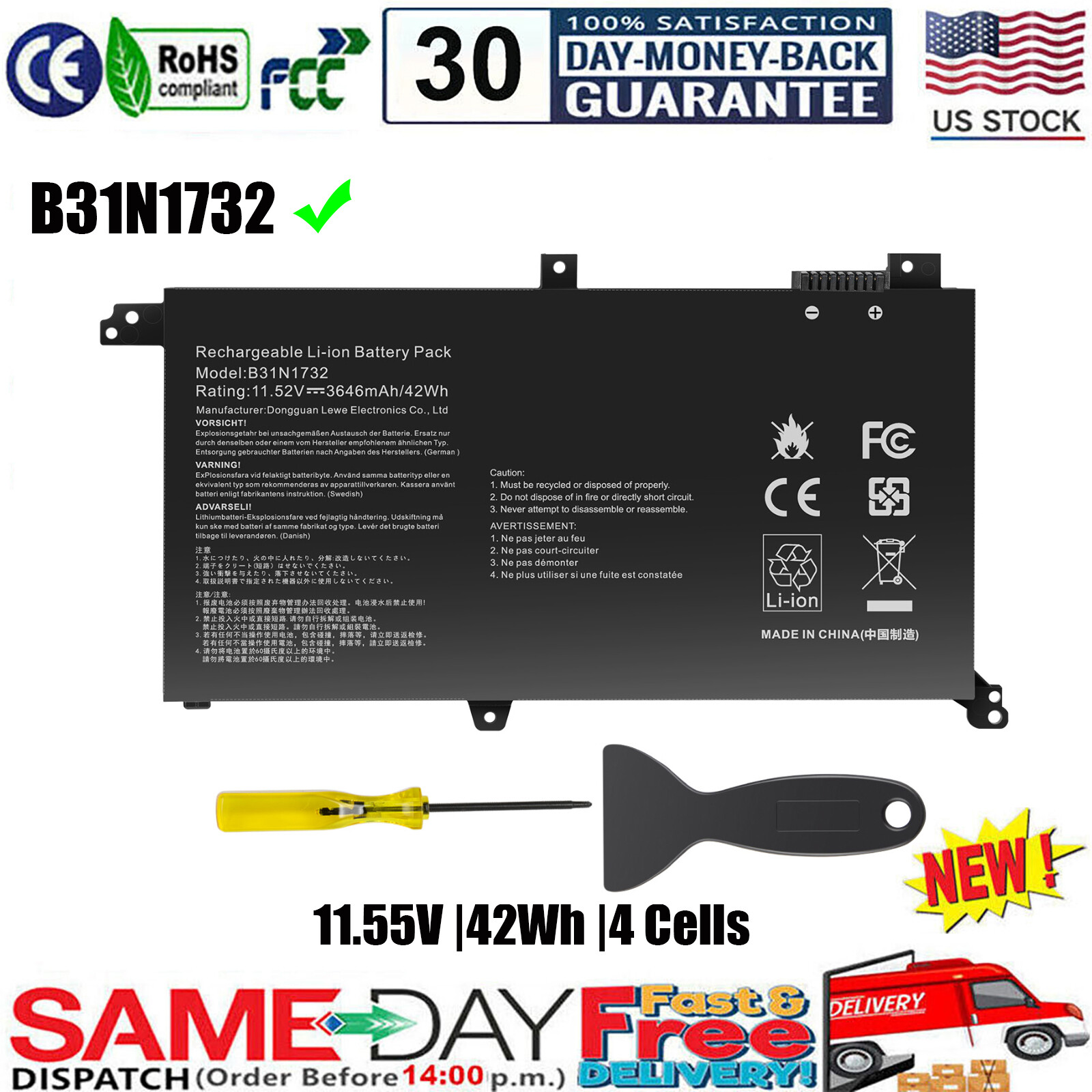 NEW Battery B31N1732 for ASUS X430FN X430UN B31BI9H VivoBook S14 S430FA S430UA