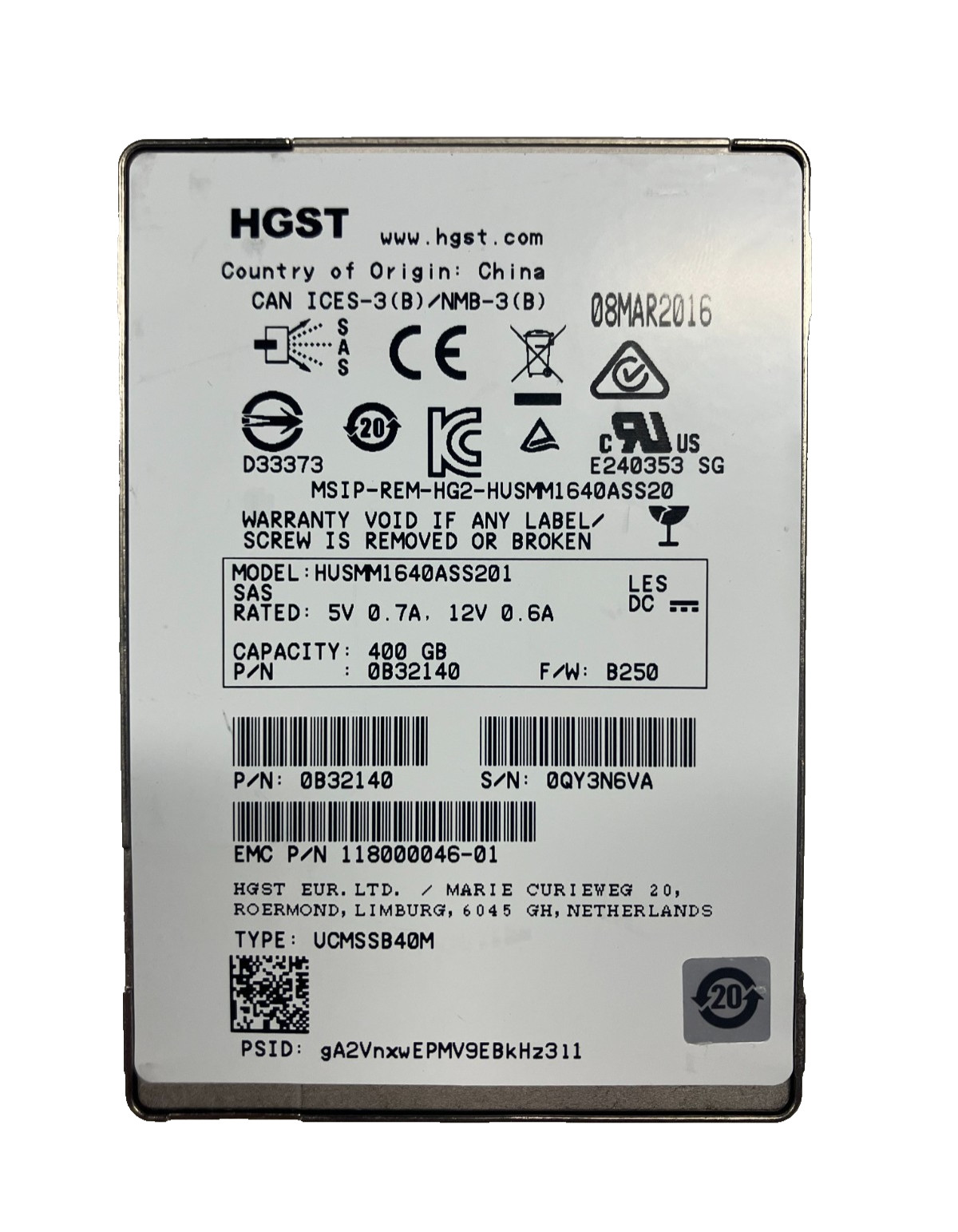 HGST HUSMM1640ASS201 SSD 400GB SAS 2.5" 0B32140 512 b/s