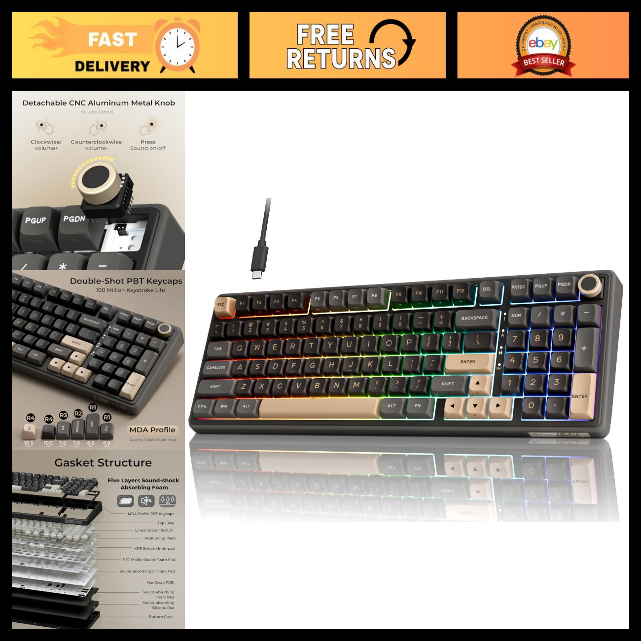 96% Wired Mechanical Gaming Keyboard - RGB Backlit, Gasket Mount, Hot Swappable,