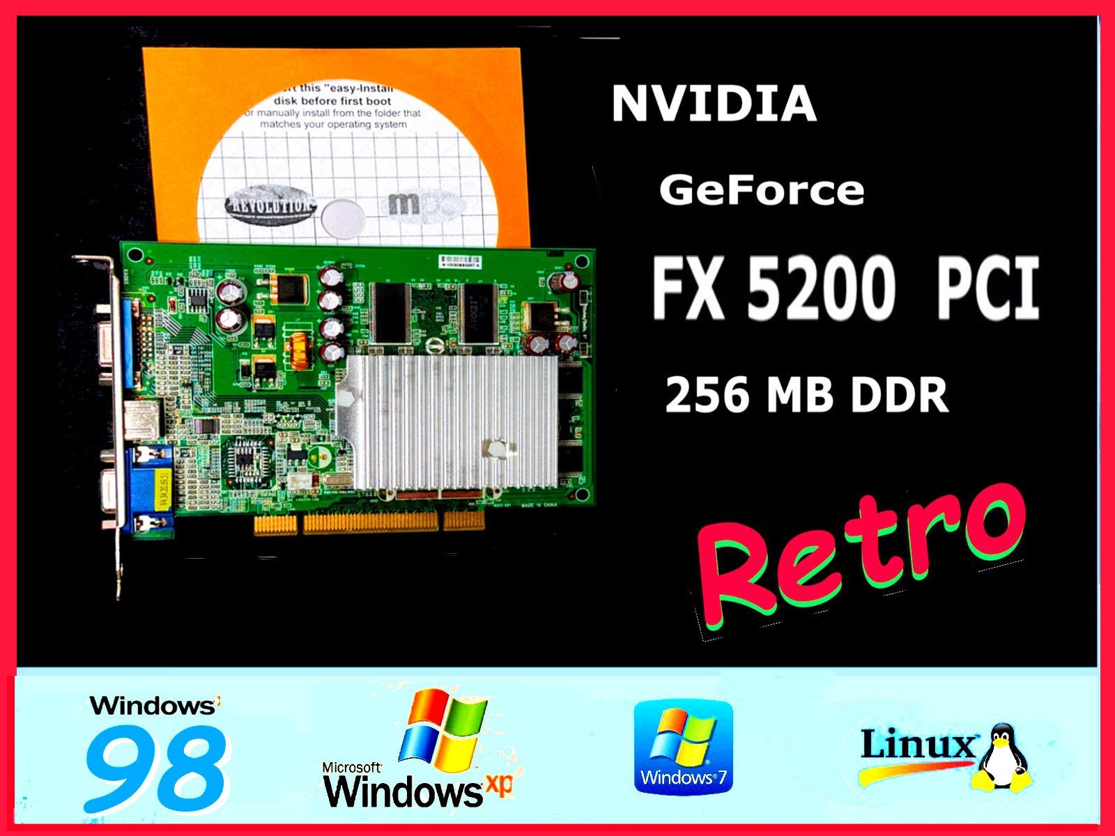 WINDOWS 98 ✔️ NVIDIA GeForce FX5200✔️256MB DDR1 PCI Video Card - Tested