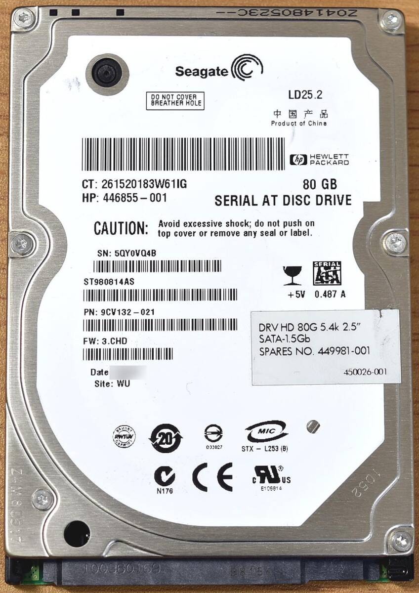 Seagate ST980814AS [80GB 2.5-inch 9.5mm SATA HDD 2008 model Usage 47440H (Crysta