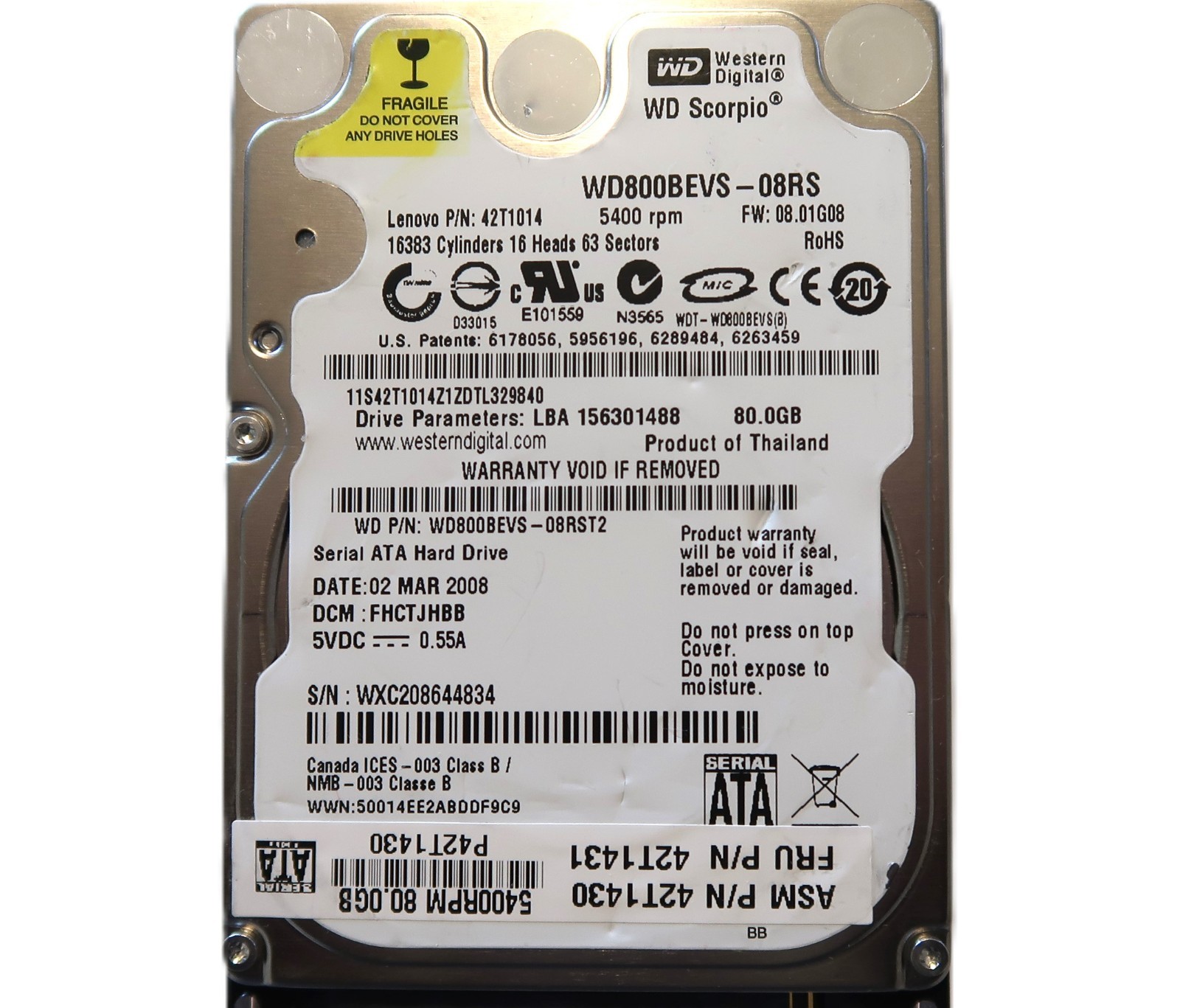 Western Digital WD800BEVS-08RST2 FHCTJHBB (WXC) Thailand 80gb 2.5" Sata MAR/2008