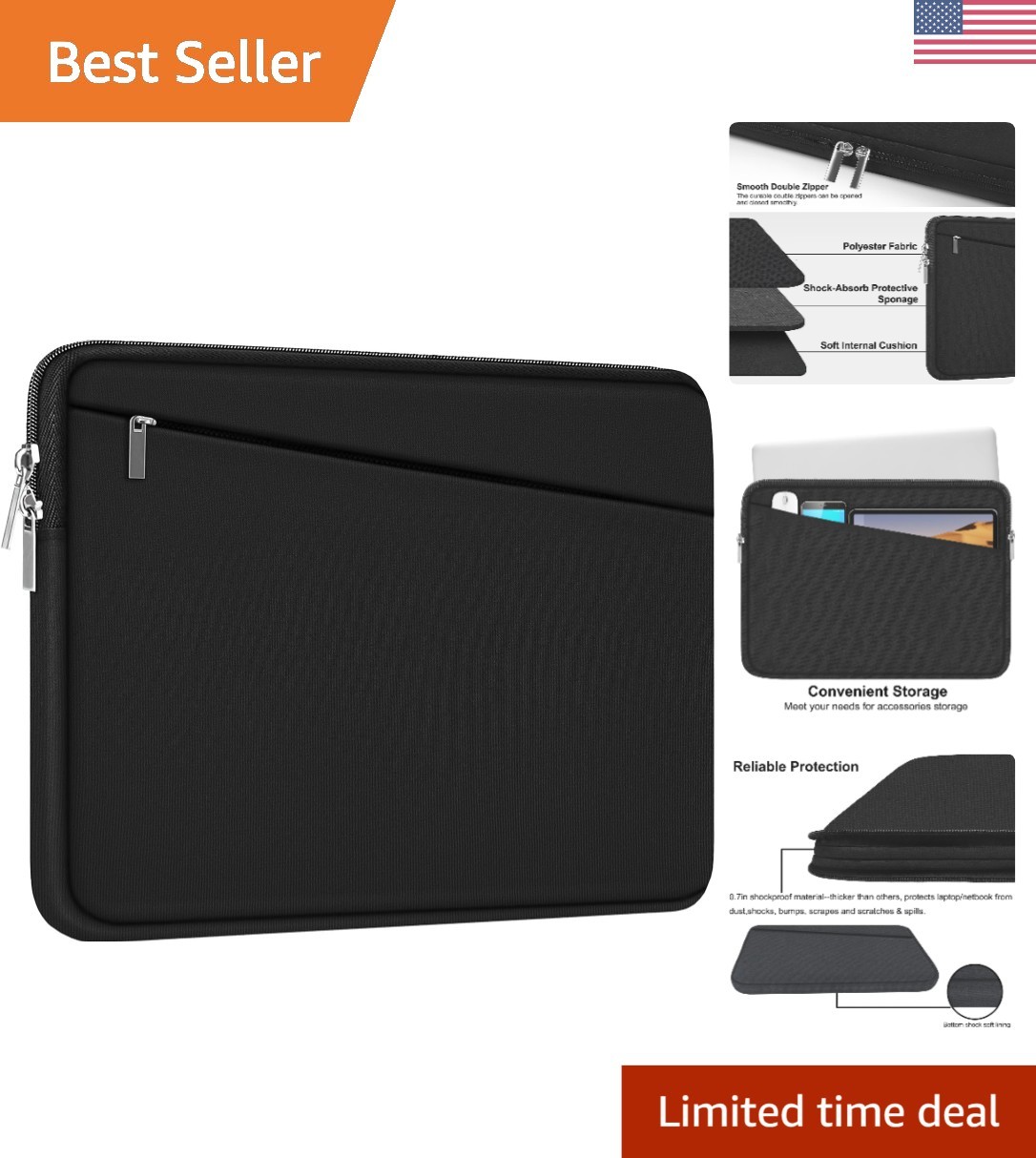 Durable Slim 15.6 Inch Laptop Sleeve - Protective Case with Accessory Pocket