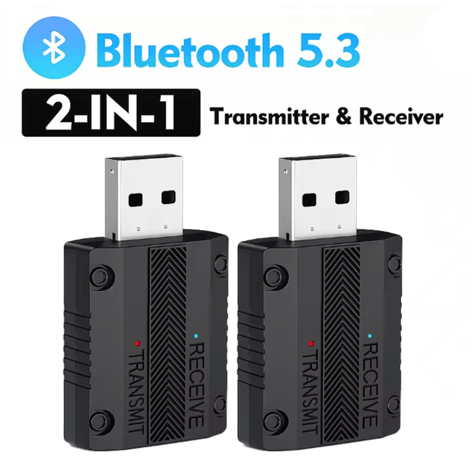 2x Bluetooth 5.3 Transmitter Receiver USB Plug & Play Wireless Car Audio Adapter