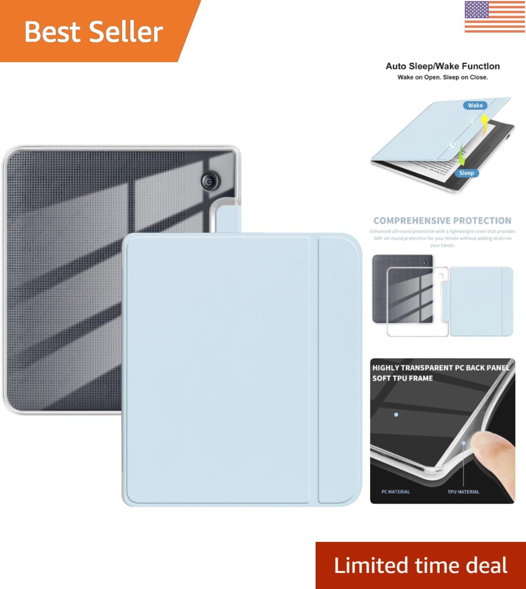Ultra Clear TPU Case for 7" Kobo Libra Colour 2024 - Auto Sleep/Wake, Light Blue