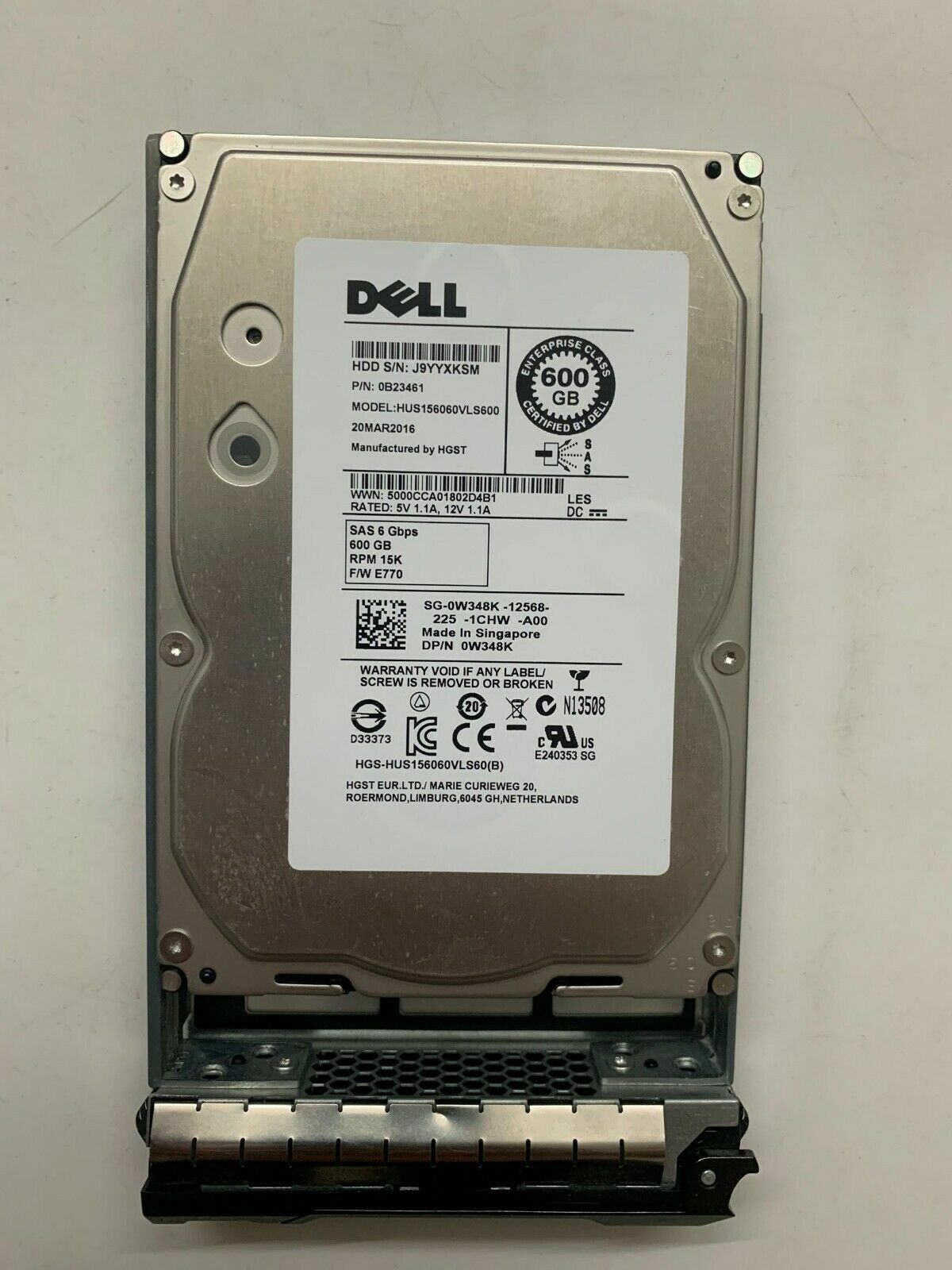 Dell W348K 600GB 15K 6Gbps 16MB 3.5" SAS Hard Drive HUS156060VLS600 With Tray