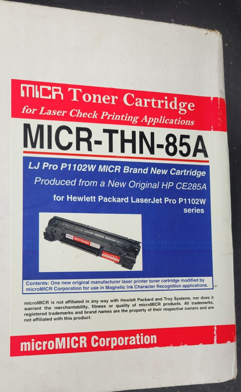 HP CE285A,  MICRTHN85A, LaserJet Pro P1102W MICR Check Printing Toner Cartridge