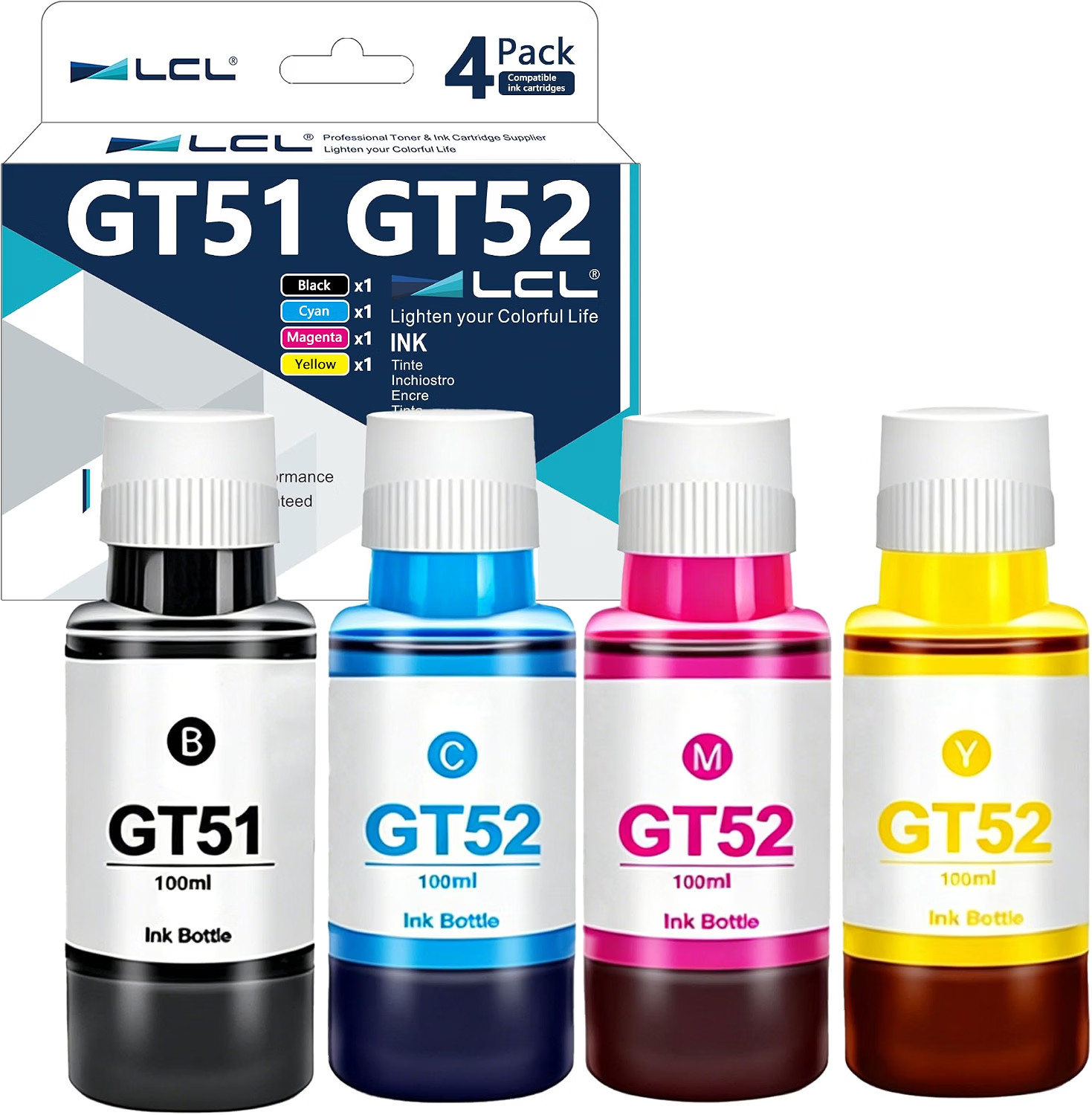 4-Pack GT51 GT52 Ink Bottles for HP Printers Black Cyan Magenta Yellow