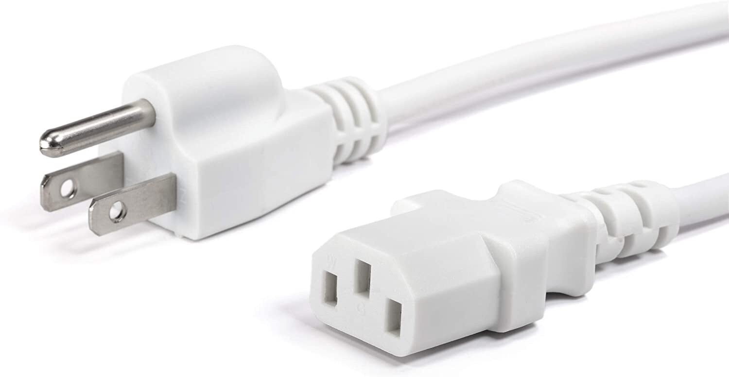 3 Prong AC Power Cord - NEMA 5-15P to C13, 18 AWG, NOT EXTENSION, White, 12 Feet