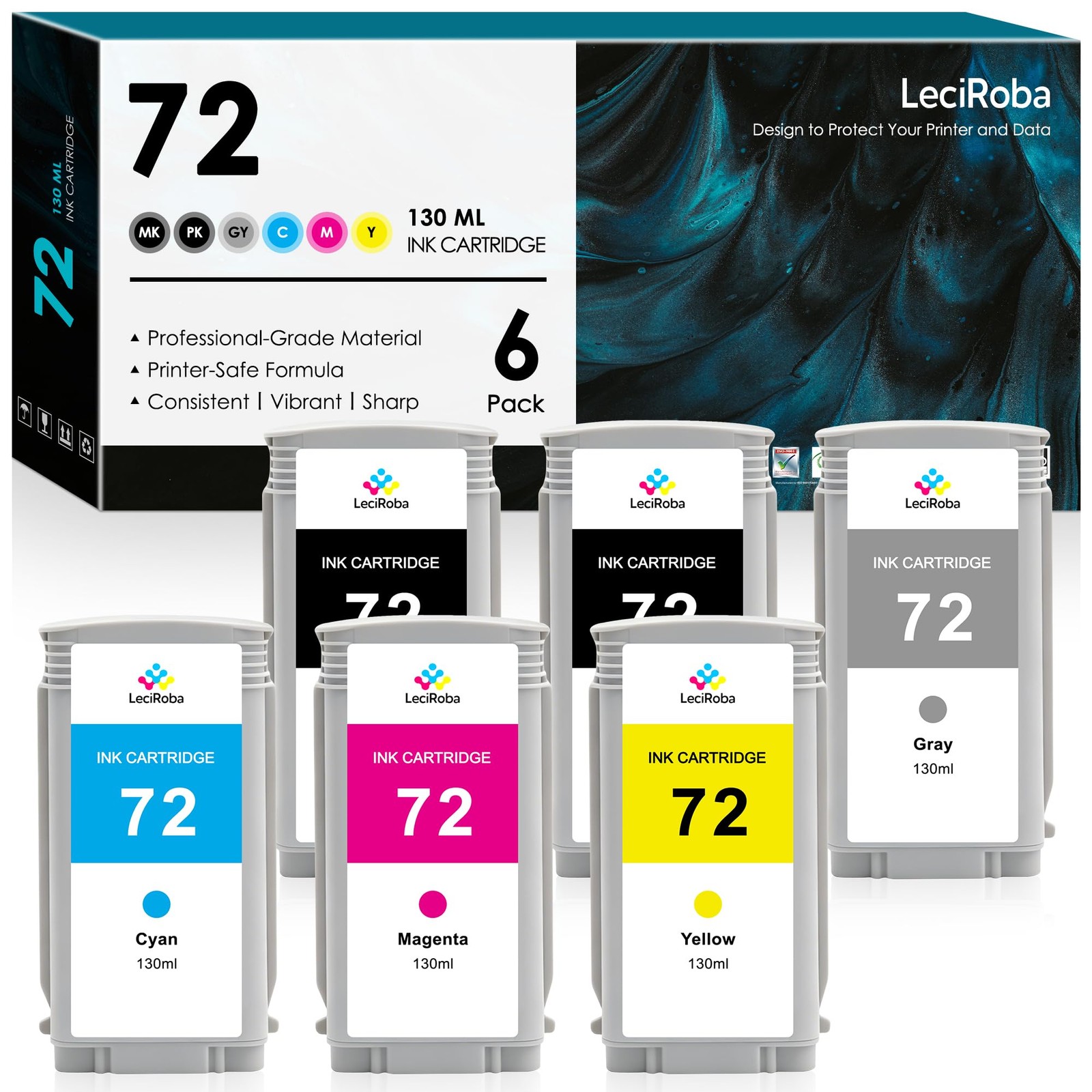 ** NEW HP Ink Cartridges | HP 72 | 6-Pack | Matte Black/Color | Compatible