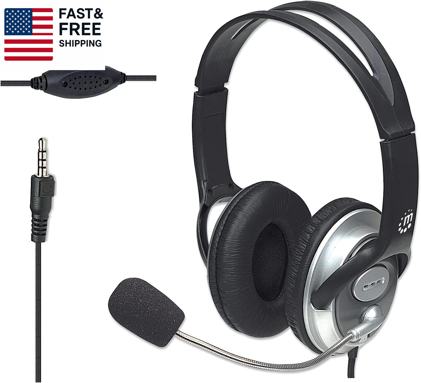 Wired Stereo Headset with Mic, 3.5 Mm Plug, 8 Ft Cable