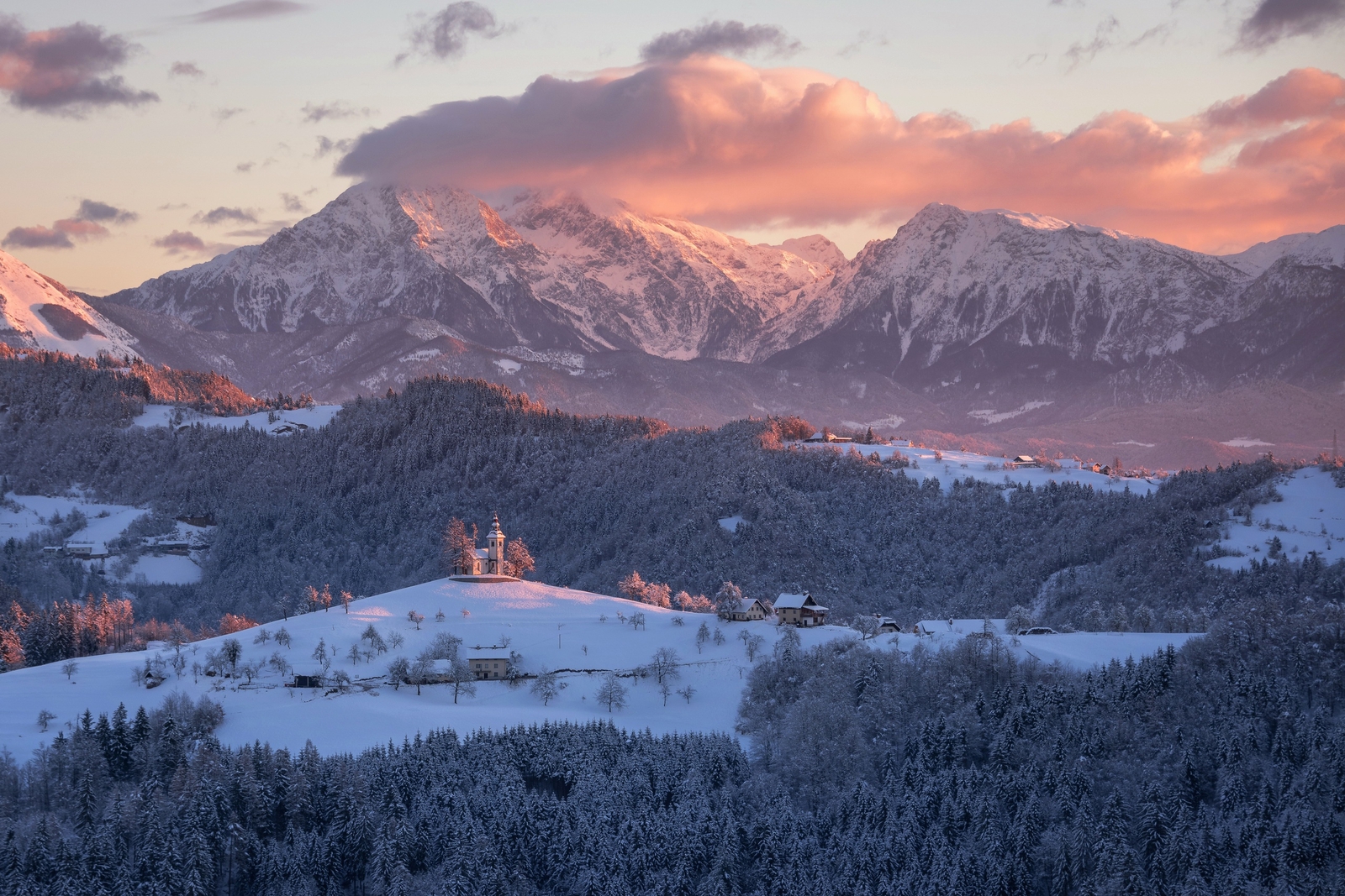 Landscape church nature winter mountains slovenia far Custom Gaming Mat Desk